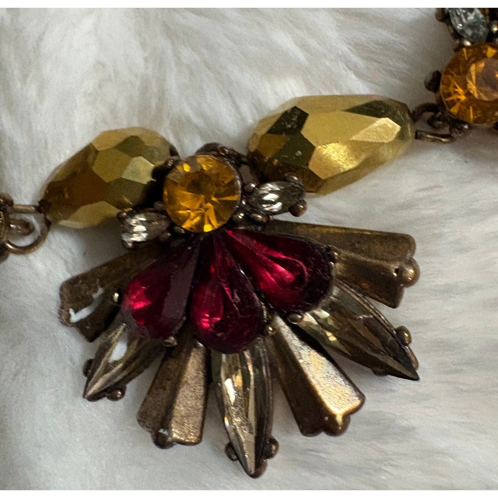 Vintage Style Statement Necklace Ruby Red Amber Smoky Rhinestone Gold Tone